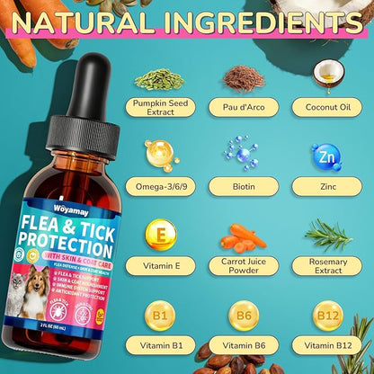 Woyamay Flea Defense + Skin & Coat Support, Natural Flea and Tick Prevention for Dogs & Cats, Dog & Cat Flea Treatment with Pumpkin Seed & Omega-3/6/9, Flea Drops for All Breeds & Ages, Chicken Flavor