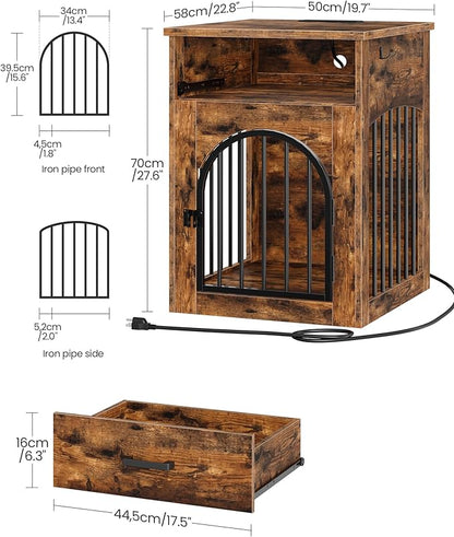 CHOEZON Dog Crate Furniture, Wooden Dog House with Charging Station and Storage Drawer, Indoor Pet Crate End Table for Small Breeds, for Living Room, Bedroom, Rustic Brown MGW01UFG