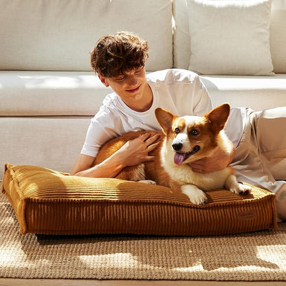 FUKUMARU 5.5-Inch Thick Dog Bed Mat, Washable Cat Bed with Waterproof Lining, Orthopedic Dog Beds for Senior Dogs, Cozy Flat Dog Kennel Bed for Crate, Non-Slip Pet Pillow Bed, Yellow