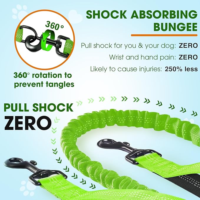 Hands Free Dog Leash with Waist Belt – No-Pull Bungee, Dual Padded Handles & Zipper Pouch for Running, Walking & Training – Adjustable Waist Leash for Large & Medium Dogs (Chartreuse)