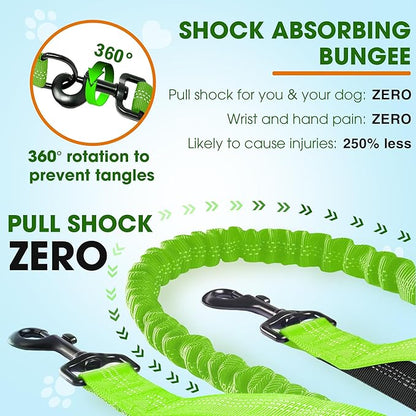 Hands Free Dog Leash with Waist Belt – No-Pull Bungee, Dual Padded Handles & Zipper Pouch for Running, Walking & Training – Adjustable Waist Leash for Large & Medium Dogs (Chartreuse)