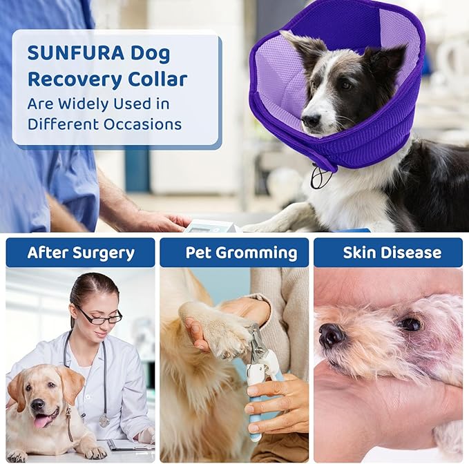 SUNFURA Dog Cone - Soft Cone for Dogs to Stop Licking, Pet E-Collar Alternative After Surgery, Adjustable Pet Recovery Collar for Wound Healing, Purple Medium