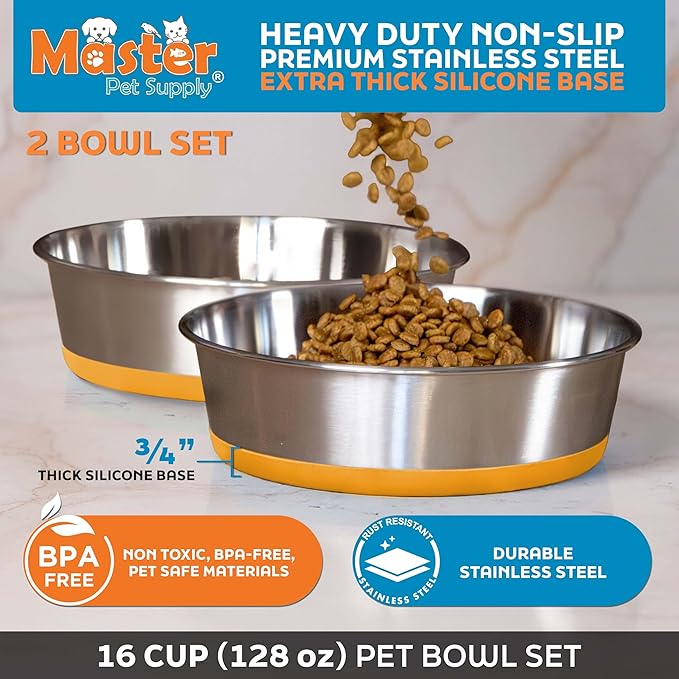 Master Pet Supply Stainless Steel Dog Bowls Set of 2 with Extra Thick Silicone Base - 16 Cup (128 oz) Mango Tango, Non-Slip, Dishwasher Safe Metal Bowls, Pet Dog Food Bowl for Dogs, Cats, Anti Rust