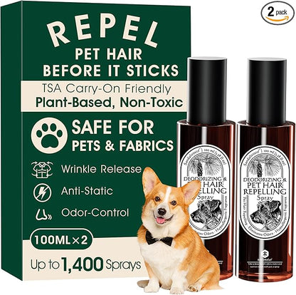 Seedshub 4-in-1 Pet Hair Remover & Odor Neutralizer Spray, Anti Static Wrinkle Release, Plant Based Enzymes, Safe for Pets, Fabrics & Furniture, Refresh Pine Nut Scent, 6.76 fl oz, 2 Travel Pack