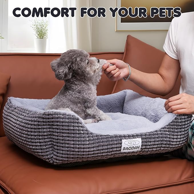 Baodan Small Dog & Cat Bed - Extra Soft, Washable, Non-Skid, Calming for Puppy & Kitten, Grey, 20 inches