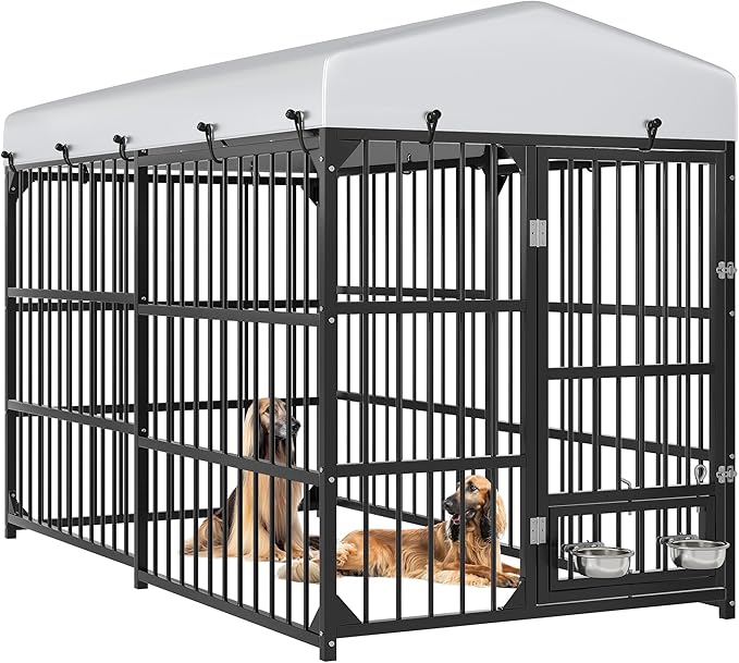 YITAHOME Large Outdoor Dog Kennel with Rotating Feeder Bowls, 8'L x 4'W x 5.4'H Dog Pens Outside with Roof, Heavy Duty Dog Cage for Medium Large Dogs