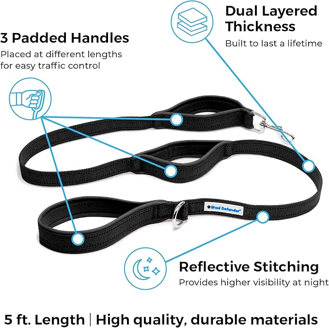Shed Defender 5 ft. Standard Dog Leash - Three Padded Traffic Handles, Designed in The USA, Dual Layered Thickness Heavy Duty, Reflective Stitching, Large Dogs & Small Breed, Training Lead (Black)