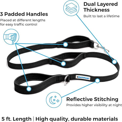 Shed Defender 5 ft. Standard Dog Leash - Three Padded Traffic Handles, Designed in The USA, Dual Layered Thickness Heavy Duty, Reflective Stitching, Large Dogs & Small Breed, Training Lead (Black)