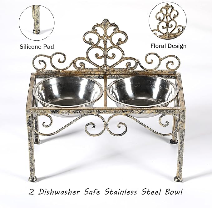 Elevated Dog Bowls for Large Dogs, Metal Raised Dog Feeder, Lifted Dogs Dish Stand with Double Stainless Steel Bowls for Food and Water, Antique Gold Finish Tall Dog Bowl Stand - Height 8.78"