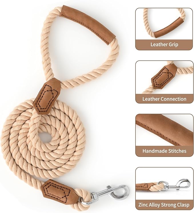 Mile High Life Dog Leash, Braided Cotton Rope Leashes with Leather Handle - Heavy Duty Metal Clasp, 5FT, 1/2" Thick - Wedding, Walking & Training Leash for Small Medium Large Dogs (Light Brown)