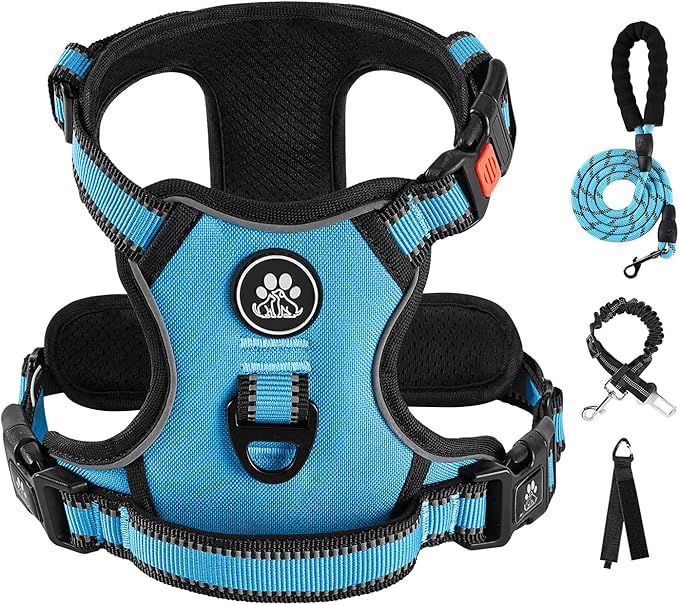 IVY&LANE No Pull Dog Harness for Medium Dogs, Dog Vest Harness with Leash, Safety Belt and Storage Strap, Fully Adjustable, 360° Reflective Strip, Soft Handle (Blue, M)