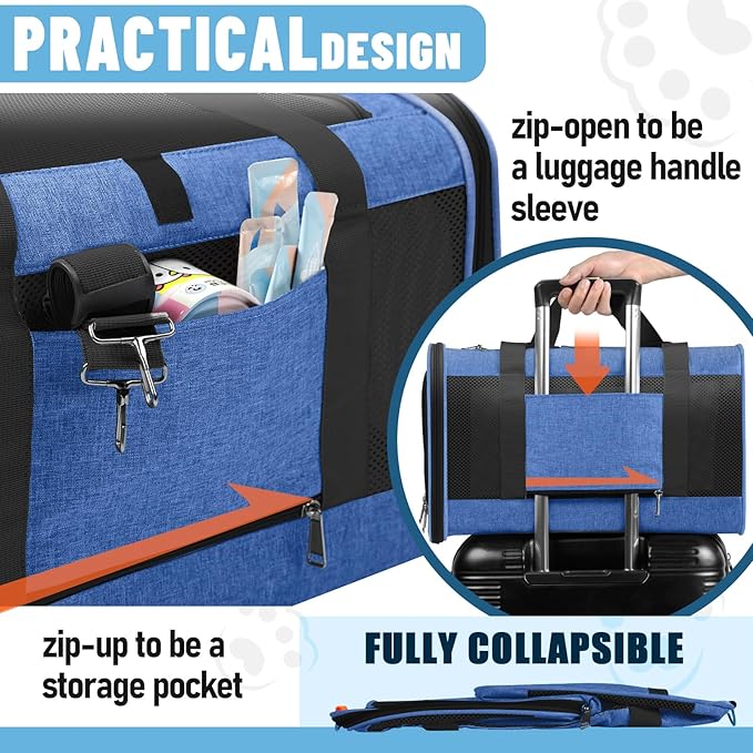 GAPZER Pet Carrier Large Cats 20 lbs Top Load/Soft Sided Small Dog Travel Carriers/Collapsible Carrier Bag for Medium Cat Puppy/Sturdy Transport Carriers Long Trips/Medium Cats 15 pounds Blue