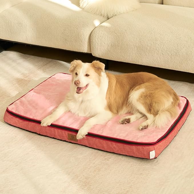 LIORCE Memory Foam XL Dog Bed - 4” Thick Orthopedic Beds for Extra Large Dogs - Waterproof Dog Bed with Removable Washable Cover & Wrap-Around Zipper - Ultimate Comfort and Easy Maintenance, Pink