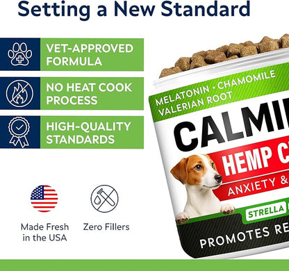 STRELLALAB Vet Formulated Hemp Calming Chews for Dogs - Anxiety Relief Calming Treats - Advanced Melatonin Pet Calm - Natural Sleep Aid & Stress, Separation Anxiety Relief - 120 Treats - Bacon