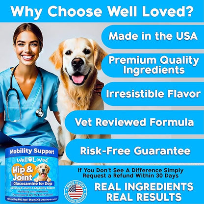 Well Loved Glucosamine for Dogs - Joint Supplement for Dogs, Made in USA, Vet Developed, Glucosamine Chondroitin, Hip and Joint Chews with MSM, Large Breed, Pain Relief, 120 Chews