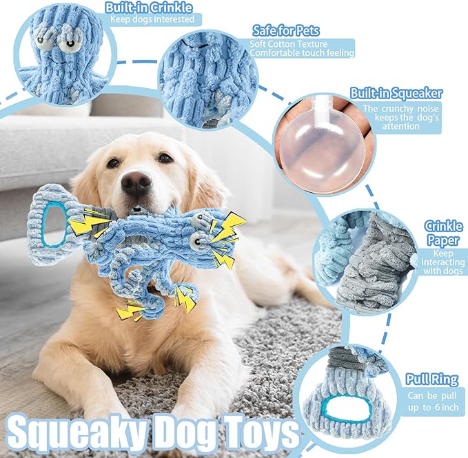 Squeaky Dog Toys, Octopus Dog Toy Interactive Tug of War Puppy Toy to Keep Them Busy(Blue)
