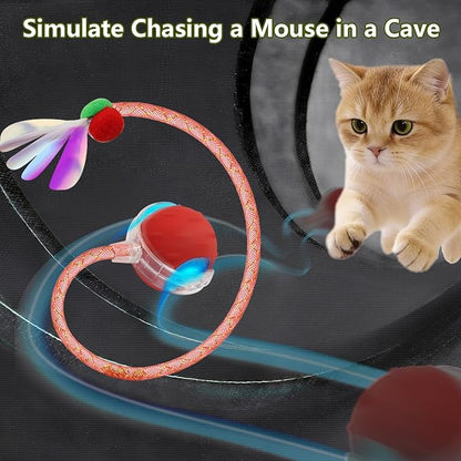 Interactive Cat Toy with Motorized Ball & Collapsible Tunnel - Fast Rolling Motion-Activated, Hide & Seek Puzzle Game for Indoor Adult Cats & Kittens, Stimulating Hunting Self Play Boredom Buster