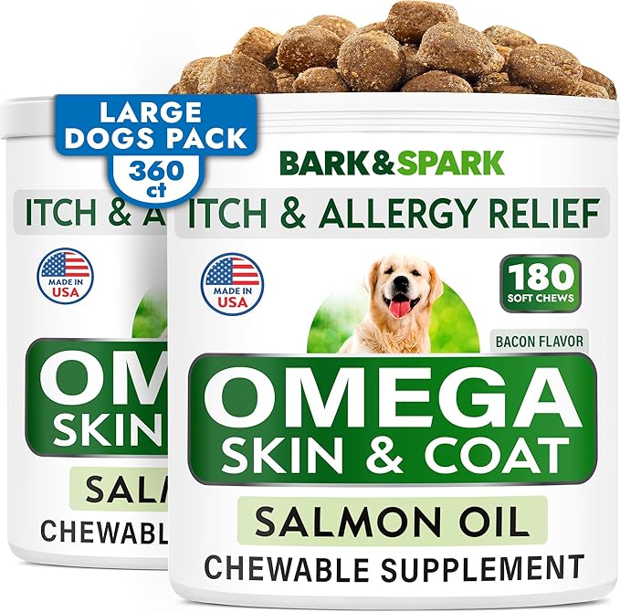BARK&SPARK Omega 3 for Dogs - 360 Fish Oil Treats for Dog Shedding, Skin Allergy, Itch Relief, Hot Spots Treatment - Joint Health - Skin and Coat Supplement - EPA & DHA Fatty Acids - Salmon Oil -Bacon
