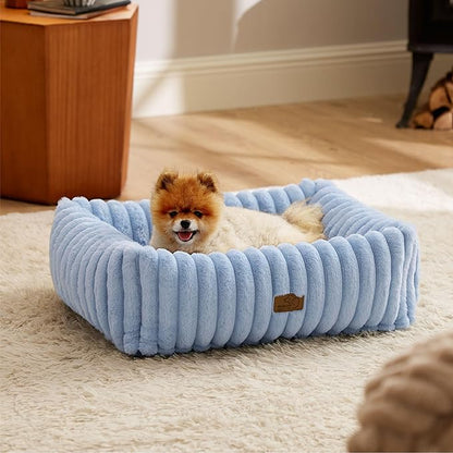 Bedsure ComfyFleece Washable Dog Bed for Medium Dogs - Cute Furry Puppy Beds, Rectangle Orthopedic Corduroy Fleece Pet Beds with Removable Zipper Cover, 25x21x7inches, Blue