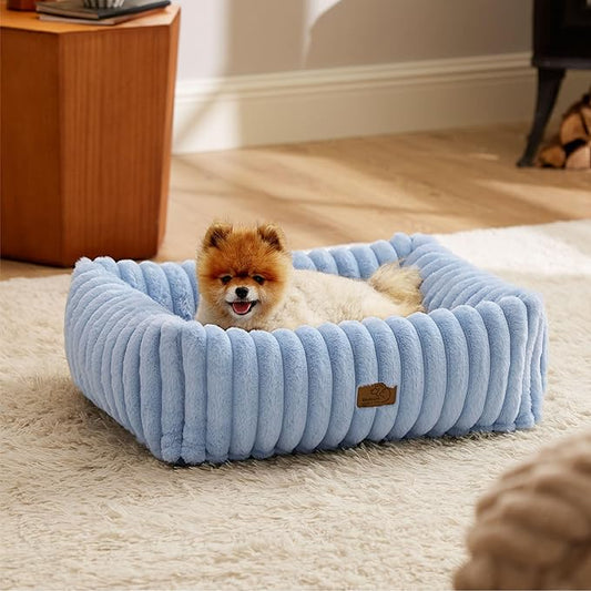 Bedsure ComfyFleece Washable Dog Bed for Medium Dogs - Cute Furry Puppy Beds, Rectangle Orthopedic Corduroy Fleece Pet Beds with Removable Zipper Cover, 25x21x7inches, Blue