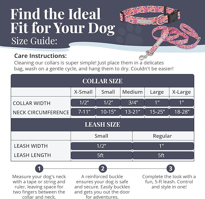 Lucky Love Dog - Easy Click Buckle Dog Collar with Leash Set Combo, Durable & Comfortable for Male & Female Dogs, Pet Collar for Medium Dogs, Secure Fit - Floral Rosie Combo, Medium