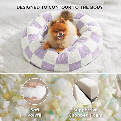 LE SURE Donut Small Dog Bed - Round Cat Beds Indoor Anti-Anxiety Calming Gift for Pets, Cute Modern Beds with Jacquard Shaggy Plush & Anti Slip Bottom, 23 Inch, Purple