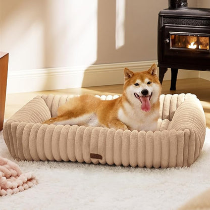 Bedsure ComfyFleece Cute Dog Beds Large Sized Dog - Washable Furry Pet Beds, Rectangle Orthopedic Corduroy Fleece Puppy Beds with Removable Zipper Cover, 36x27x8inches,Sandy Beige