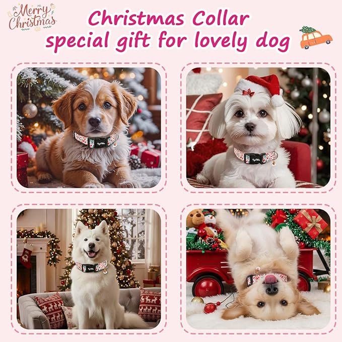 Christmas Dog Collar for Extra Dogs, Adjustable Pink Dog Collars with Jolly Santa Pattern, Cute Christmas Collar for Dogs, Winter Holiday Collar for Girl Boy Puppies-XS