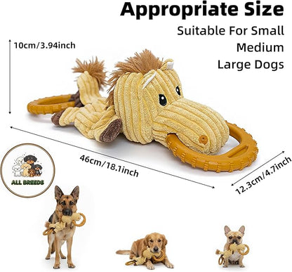 Corduroy Dog Chew Toy with Squeaker and Interactive Rubber Ring for Small Medium Large Breeds - Ideal for Tug of War and Fetch Play (Medium, Pony)