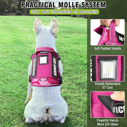 MOOGROU Tactical Service Dog Vest and Leash Set,Heavy Duty No Pull Dog Harness and 10 Patches with Dog Seat Belt for Medium Dogs,Reflective Pet Harness for Training Walking Hiking Camo Pink M