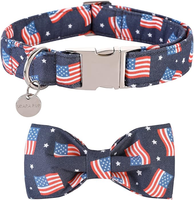 American Flag Dog Collar with Bow Tie, 4th of July Comfortable Cotton Cute Dog Collar with Metal Buckle, Patriotic Bowtie Collar for Puppy Girl Boy Dog, M