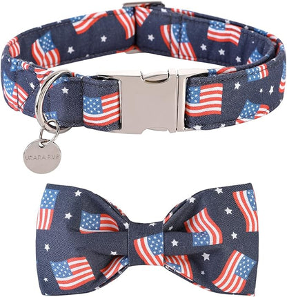 American Flag Dog Collar with Bow Tie, 4th of July Comfortable Cotton Cute Dog Collar with Metal Buckle, Patriotic Bowtie Collar for Puppy Girl Boy Dog or Cat, XS