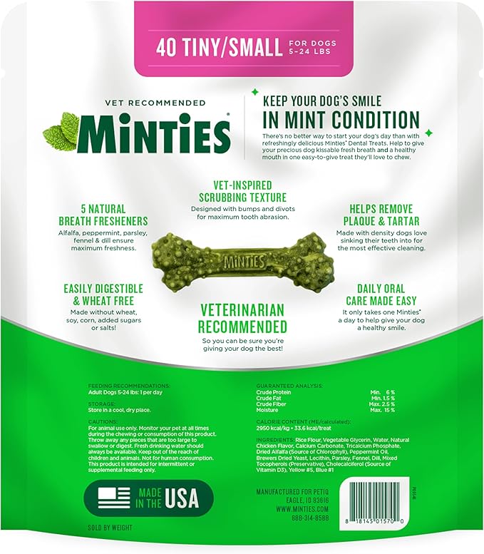 Minties Dog Dental Bone Treats, Mint, Tiny/Small, 16 oz