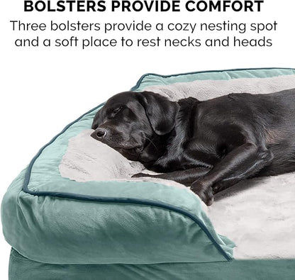 Furhaven Memory Foam Dog Bed for Medium/Small Dogs w/ Removable Bolsters & Washable Cover, For Dogs Up to 35 lbs - Plush & Velvet Waves Perfect Comfort Sofa - Celadon Green, Medium