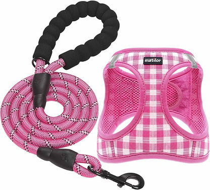 matilor Dog Harness Step-in Breathable Puppy Cat Dog Vest Harnesses for Small Medium Dogs Pink Checkered