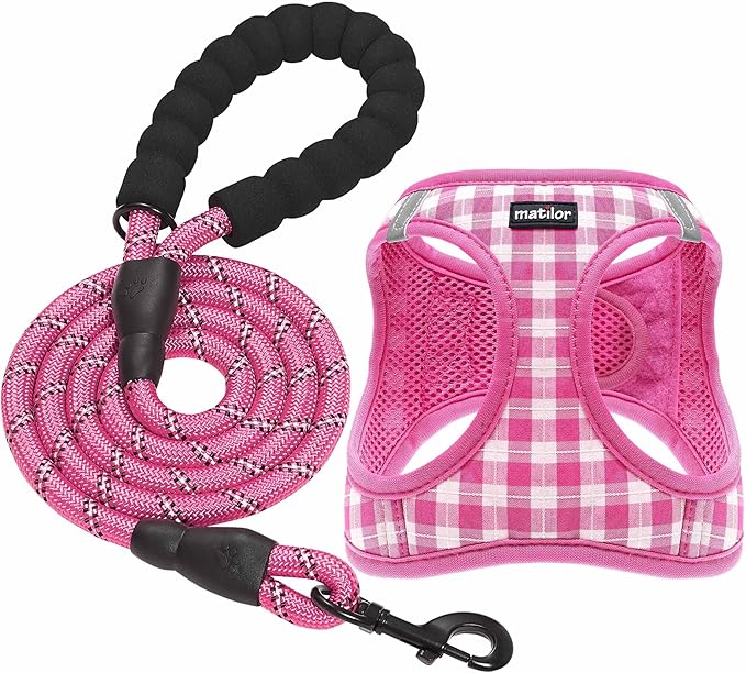 matilor Dog Harness Step-in Breathable Puppy Cat Dog Vest Harnesses for Small Medium Dogs Pink Checkered