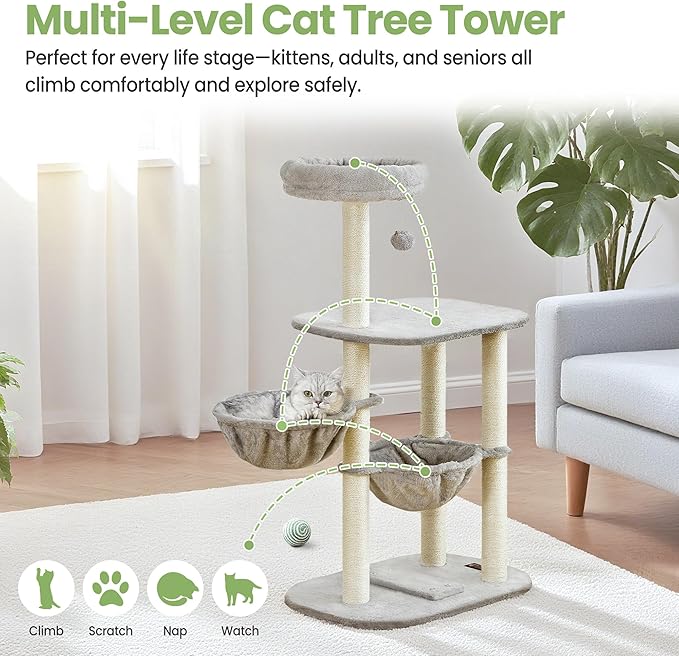Small Cat Tree Tower with Scratching Post Condo Indoor - 42 Inch Cats Bed Hammock Perch for 2 Corner Cats Large Adult - Medium Short Compact Multi Level Cat House - Tall Climbing Gym Towers Furniture