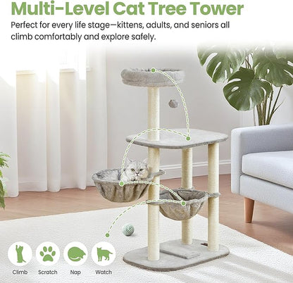 Small Cat Tree Tower with Scratching Post Condo Indoor - 42 Inch Cats Bed Hammock Perch for 2 Corner Cats Large Adult - Medium Short Compact Multi Level Cat House - Tall Climbing Gym Towers Furniture
