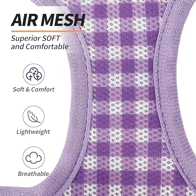 AIITLE Dog Harness and Leash Set, Reflective Adjustable Soft Mesh Vest with Plaid Print for Small Dogs – Breathable No-Pull Design for Daily Walks & Outdoor Adventures (XXS, Purple)