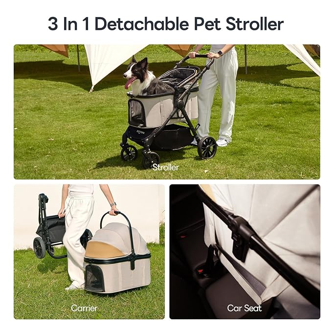 Pet Stroller with 4 Wheels, 4 in 1 Folding Puppy Strollers for Small/Medium Dogs up to 66lbs, Lightweight Pet Travel Carrier with Detachable Carrier/Storage Basket, One Click Folding, Beige