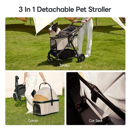 Pet Stroller with 4 Wheels, 4 in 1 Folding Puppy Strollers for Small/Medium Dogs up to 66lbs, Lightweight Pet Travel Carrier with Detachable Carrier/Storage Basket, One Click Folding, Beige