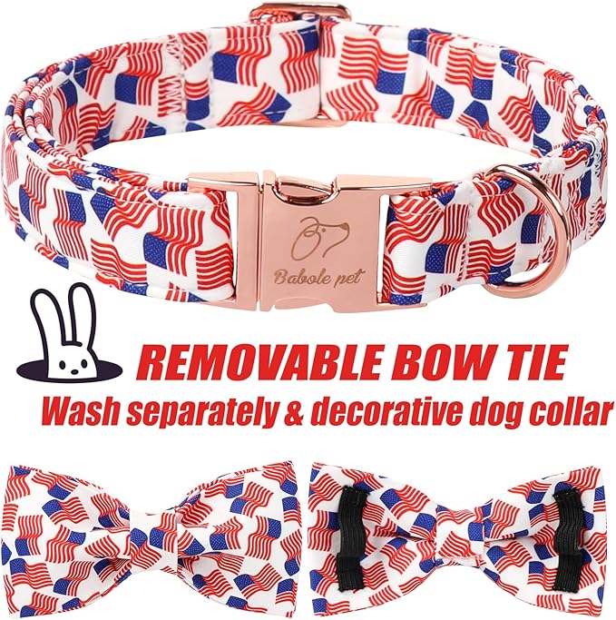 American Flag Dog Collar with Bow Tie - 4th of July US Flag Bowtie Collar Independence Day Safety Patriotic Dog Collars for Small Medium Large Dogs L