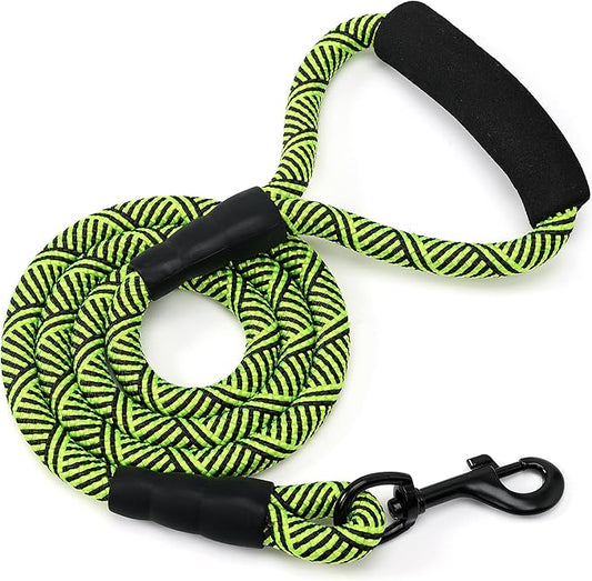 Mile High Life Comfortable Padded Handle Dog Leash - Mountain Climbing Rope Leash, Heavy Duty 4 Feet (Black Lime Green)