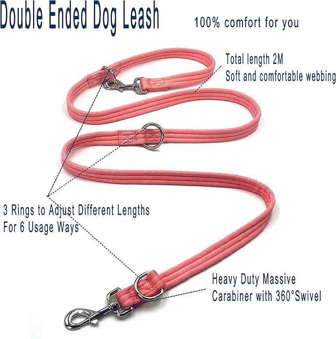 Dog Leash-Multifunctional Double Ended,for Obedience Training Or Distance Work Easy to Use,Lightweight,Soft&Durable Convertible Hands Free,Crossbody,Over Shoulder (Pink, 2M*2.5CM)
