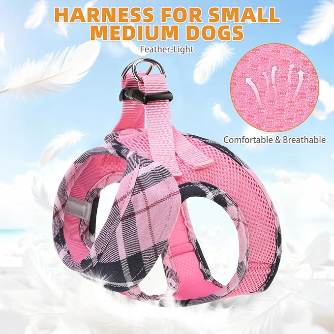 KOOLTAIL Small Dog Harness and Leash Set, Step in No Pull Soft Mesh Padded Pet Vest Harness Collar for Small Size Dogs Cats Boy Girl, Breathable & Lightweight Plaid Puppy Harness, Pink S