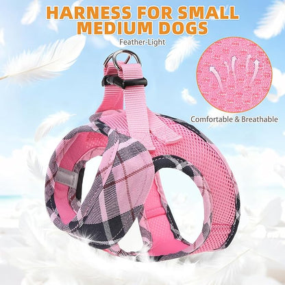 KOOLTAIL Dog Harness and Leash Set, Step in No Pull Soft Mesh Padded Pet Vest Harness Collar for Medium Size Dogs Cats Boy Girl, Breathable & Lightweight Plaid Puppy Harness, Pink M
