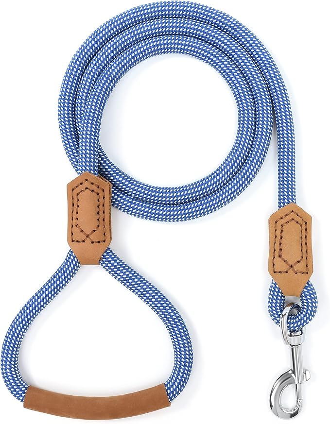 Mile High Life | Premium Leather Dog Leash | Strong Rope Leash | Leather Handle | Zinc Alloy Strong Clasp | Small Medium Large Dogs | 4/5/6 Feet(Blue White, 72 Inch (Pack of 1))
