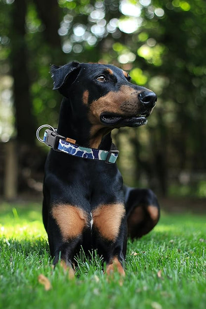 Dog Collar, Cute Camouflage Pattern, Neoprene Padded and Adjustable Collar with Quick Release Buckle, Reinforced Structure (L (Neck 18-28", Width 1"), Camouflage Blue)