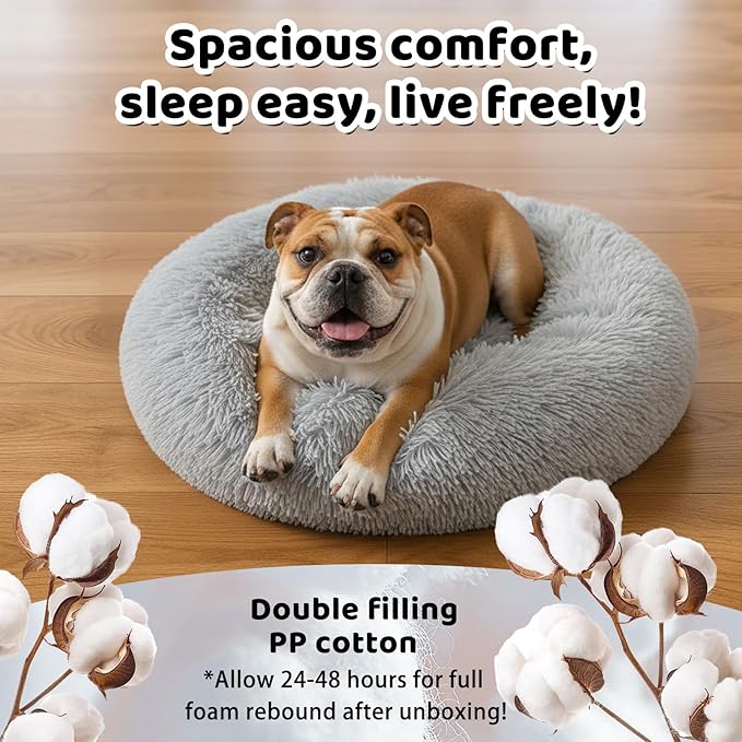 Large Donut Washable Dog Bed for Medium Dog,Round Soft Cat Cuddler for Calming, Anti-Anxiety Cozy Sofa, Fluffy Faux Fur Plush Cushion-31''-Grey