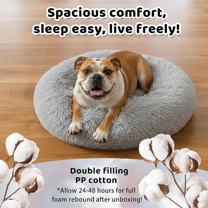 Large Donut Washable Dog Bed for Medium Dog,Round Soft Cat Cuddler for Calming, Anti-Anxiety Cozy Sofa, Fluffy Faux Fur Plush Cushion-31''-Grey
